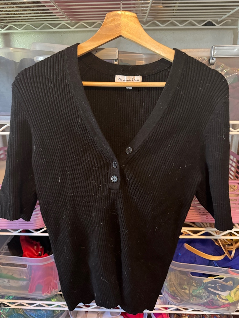 Michael Stars Black Ribbed V-Neck Short Sleeve Sweater Top